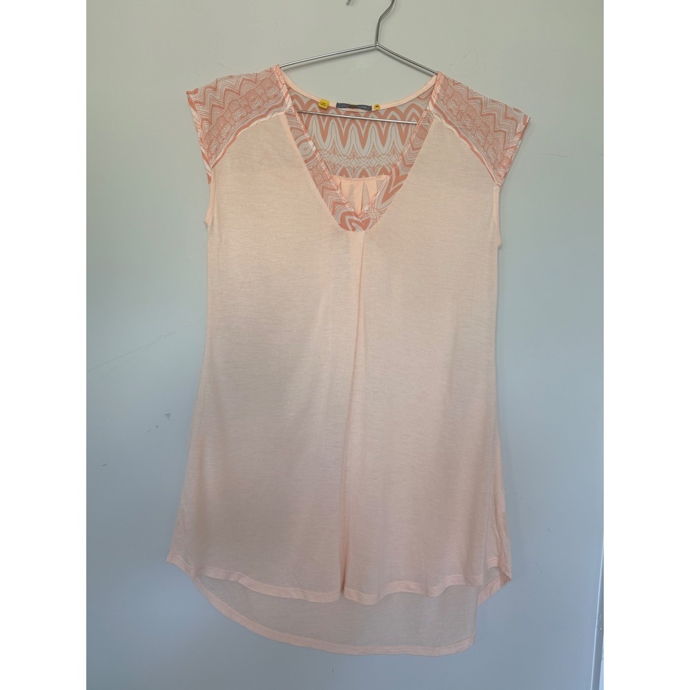 Little Yellow Button Peach Mixed Media V-Neck Tunic Top XS Cap Sleeve Boho